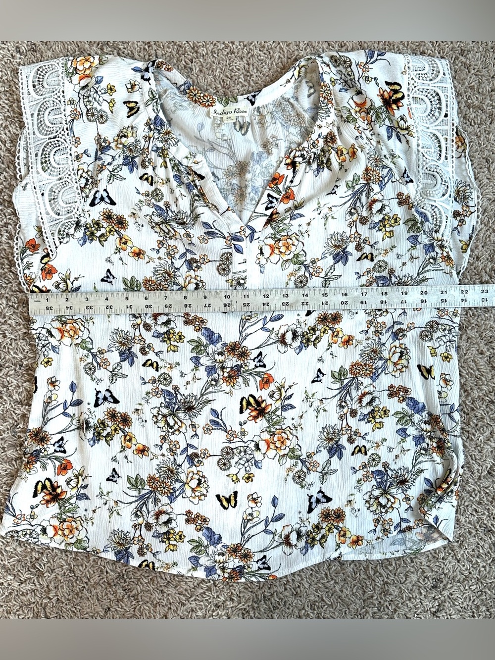 Indigo Rose White/Multi Butterfly Floral Lace Detail Flowy Boho Blouse Top Sz 2X - Picture 7 of 8